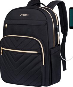VANKEAN Sac à dos 15,6 pouces pour femme et homme | Imperméable avec USB | Noir | Idéal pour les études et les voyages