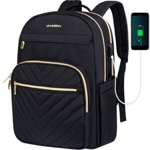 VANKEAN Sac à dos 15,6 pouces pour femme et homme | Imperméable avec USB | Noir | Idéal pour les études et les voyages