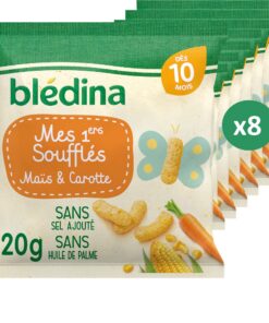 BLÉDINA - Mes 1ers Soufflés au Maïs et Carotte - Sans Gluten et Sans Sel Ajouté pour Enfants dès 10 Mois - 8 x 20 g