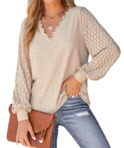 CUPSHE Chemisier Femme Chic et Élégante Blouse Dentelle Festonnée Col en V Manches Longues Casual Tops - Robe Élégante p