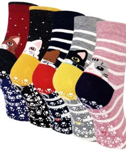 Chaussettes Antidérapantes PUTUO pour Femme: Motif Chat Drôle | Coton Sport 5 Paires | Anti-Dérapante Oeko-Tex Standard