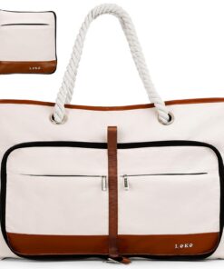 XXL Grand Sac de Plage Femme Imperméable 35 Litres Cabas Pliable - Idéal pour la Plage et les Voyages - Blanc Cassé