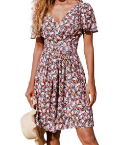 CUPSHE Robe Midi Femme Imprimé Floral Col V Évasé - Manches Courtes Bouton - Longueur Genou