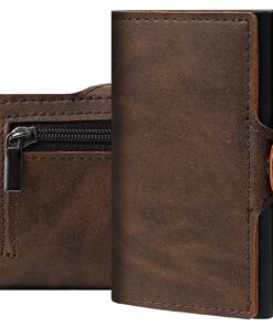 ANKENGS Portefeuille Homme Slim avec Pince à Billets et Compartiment à Monnaie - Porte Cartes Mini Brun