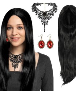 Hifot Perruque Noire Femmes pour Halloween Collier Dentelle Cristal Boucle D'Oreille Parure Bijoux Gothic Vintage