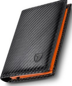 TEEHON Portefeuille Vertical Homme Cuir Carbone Bloquant RFID 11 Emplacements 2 Fenêtres d'Identification 3 Volets Sécur