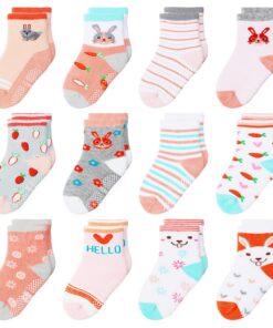 HYZGB Lot de 12 chaussettes antidérapantes pour bébé 1-7 ans | Idéal cadeau | Couleurs multiples