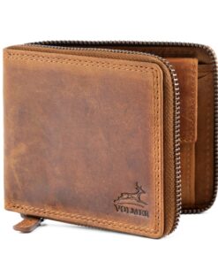 Fa.Volmer Portefeuille en cuir véritable Homme Protection RFID Marron Fermeture Éclair Tout Pourtour Rétro