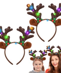 Hifot Serre Tête Noel Lumineux 2 Pièces pour Enfants et Adultes, Accessoires de Noël Feminins Lumineux Serre Tête Renne