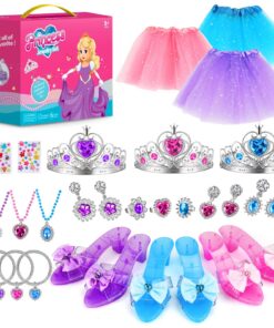 Filles Robe Princesse avec Chaussures Talons 3 Paires, 3 Jupes Couronne Collier, Cadeaux Halloween et Noël 3 4 5 6 Ans