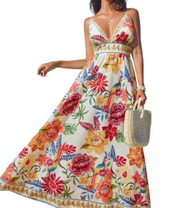CUPSHE robe d'été longue fluide sans manches col en V motif floral femmes plage vacances style décontracté