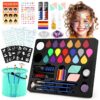 Dreamon Maquillage Halloween Enfant Kit pour Filles et Garçons | 20 Couleurs Peinture Visage + 6 Autocollants + 3 Pochoi