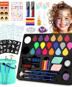 Dreamon Maquillage Halloween Enfant Kit pour Filles et Garçons | 20 Couleurs Peinture Visage + 6 Autocollants + 3 Pochoi