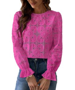 CUPSHE Chemisier à manches longues brodé perforé floral, manches bouffantes élégantes, magenta vif, Taille L