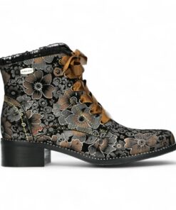 Infinity Leather Bottines en Cuir à Fleurs Pour Femmes Victorien Gothique – Fermeture Zippée et Lacets, Talon Carré de 4