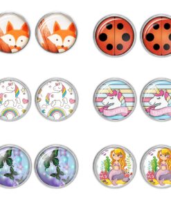 HIFOT Boucles d'oreille enfant coccinelle sans trou licorne renard papillon sirène mignon demi-rond cabochon 6 paires bi