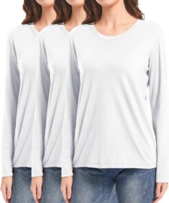 DMVOD Lot de 3 t-shirts en coton pour femme - manches longues/courtes, basiques à col rond - parfait pour l'entraînement