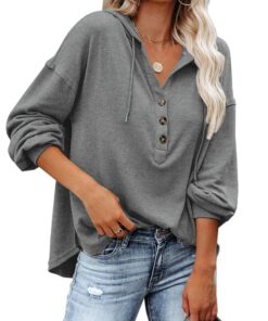 PLOKNRD Sweat-Shirt Surdimensionné Femme Boutonné avec Capuche et Cordon de Serrage Taille Large