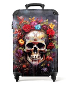 NoBoringSuitcases.com Valises Rigides 4 Roulettes Ultra Légères Bagages à Main 55x35x25 10kg Crâne et Fleurs Sombres