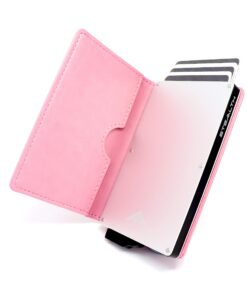 Stealth Wallet Minimaliste avec Protection RFID/NFC et Boîte-Cadeau - Porte-Cartes en Métal Fin (Argent avec Cuir Rose)