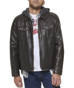 Levi's Faux Leather Hooded Trucker Jacket Regular Size Sweat à Capuche Camionneur en Similicuir avec Doublure Homme Le