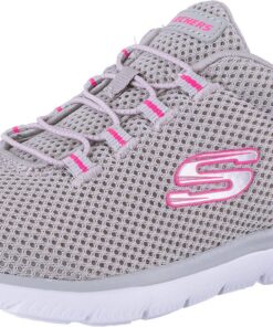 Skechers Femme SUMMITS Sneaker, Gris Maille avec Décalage Rose Vif, Taille 38