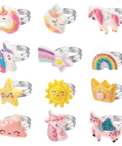 12 Pièces Bagues en Or Rose pour Enfants, Licorne Réglables Bagues avec Boîte, Bijoux en Or Rose pour Enfants, Cadeau Or
