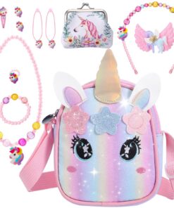 Ensemble de licorne fille 3-10 ans sac à main porte-monnaie bracelet collier et épingle à cheveux cadeau anniversaire, S