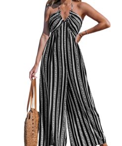 CUPSHE Combinaison ample pour femme en imprimé tropical - Col en V - Sans manches - Jambes larges - Fente latérale - Idé