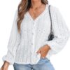 CUPSHE Chemisier pour femme en tricot élégant avec col en V et manches longues bouffantes dentellées et œillets
