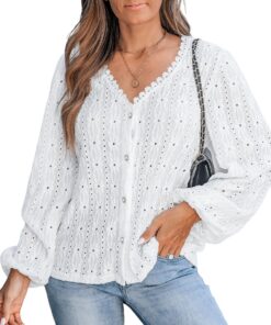CUPSHE Chemisier pour femme en tricot élégant avec col en V et manches longues bouffantes dentellées et œillets