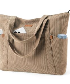 Lekespring Sac à Main Grand en Velours Côtelé Femme Fermeture Éclair Fermeture Éclair Poches Léger Ordinateur 17 Pouces