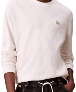 Calvin Klein T-Shirt Homme Manches Longues Waffle Badge Tee Col Ras-du-Cou