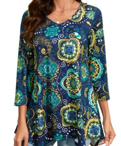Enmain Grande Taille Tunique Femme Longue Manches 3/4 Chic et Élégant Col V pour Femmes en Coton Ample Couleur Unie