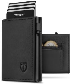 TENBST Portefeuille Homme Magnétique en Cuir Noir, Sécurisé contre RFID avec 10 Compartiments pour Cartes Bancaires & Bi