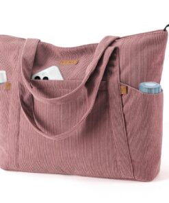 Lekespring Sac Fourre-Tout Femme Grand en Velours Côtelé, Bandouliere Cabas Éclairée et Poches, Sac Main Léger 17 Pouces