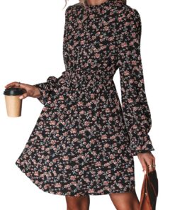 Robe CUPSHE Femme Col Haut Manches Longues Motif Floral Noir Size L"Soirée Décontractée"