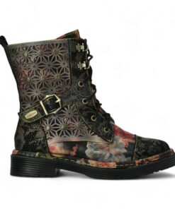 Infinity Leather Bottines Hautes à Lacets en Cuir Gothique Victorien Floral Pour Femme – Fermerture Zippée Latérale – Mo