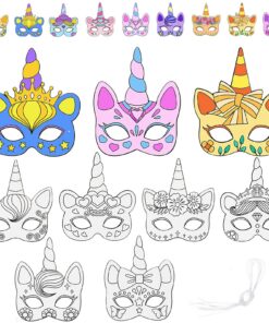 Masques enfant licorne à colorier pour cosplay et activités manuelles, Carnaval et anniversaire (9 pièces)
