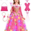 Costume de la Belle au bois dormant pour fille rose avec accessoires, perruque et sac pour carnaval et anniversaire, rob