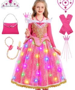 Costume de la Belle au bois dormant pour fille rose avec accessoires, perruque et sac pour carnaval et anniversaire, rob