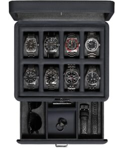 ROTHWELL Boîte à Montres de Luxe pour 8 Montres - Cuir Synthétique, Verre Véritable & Tiroir Coulissant à Compartiments