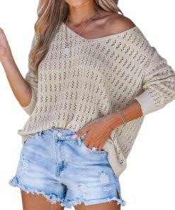 CUPSHE Pull en tricot pour femme tendance - Col en V - Manches longues - Tricot fin - Haut en crochet - Chic et conforta