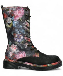 Infinity Leather Bottes de Combat Mi-Mollet en Cuir Pour Femmes - Motif Floral Gothique – Fermeture Zippée et Lacets - É