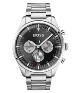 BOSS Chronographe Homme 44mm Étanche 5ATM Cadran Noir Bracelet Acier Inoxydable - Montre Pioneer Fonction Date Fonctionn