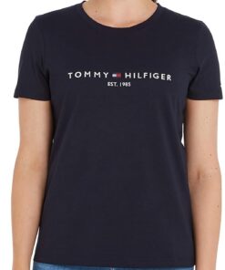 Tommy Hilfiger T-Shirt Femme Heritage Bande Élastique Col Ras-du-cou Confortable Manches Courtes Élégantété Hiver Automn