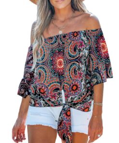 CUPSHE Chemisier bohème à manches courtes et col dénudé pour femme en coton bio stretch, taille M, rose fluo, mode bohèm