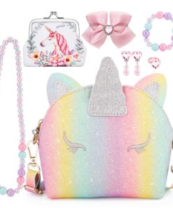 Sac à main licorne JYPS pour petites filles, sac bandoulière mignon 7PCS jeu accessoires enfant