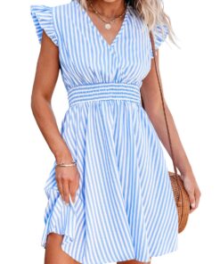 CUPSHE Mini Robe D'Été Pour Femme Col En V Manches Flottantes Rayée Taille Smockée Mode Et Confort