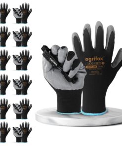 FUZZIO Gants de travail en latex pour homme - Lot de 12 paires - Taille 10 - Noir - Revêtement en latex avec clip à gant